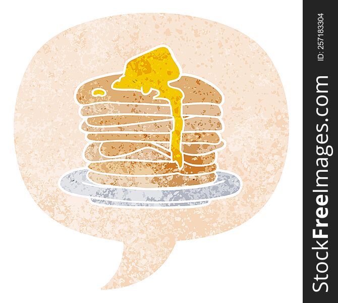 Cartoon Stack Of Pancakes And Speech Bubble In Retro Textured Style