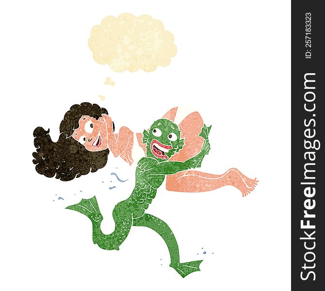 cartoon swamp monster carrying girl in bikini with thought bubble