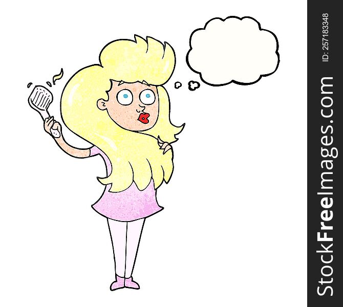 freehand drawn thought bubble textured cartoon woman brushing hair
