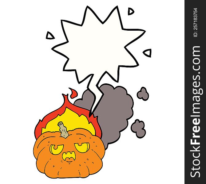 cartoon flaming halloween pumpkin with speech bubble