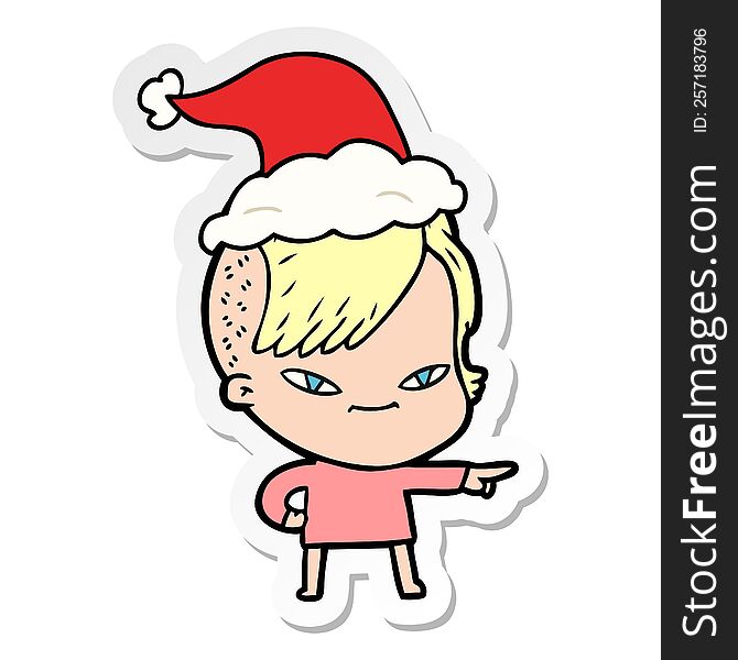 cute hand drawn sticker cartoon of a girl with hipster haircut wearing santa hat