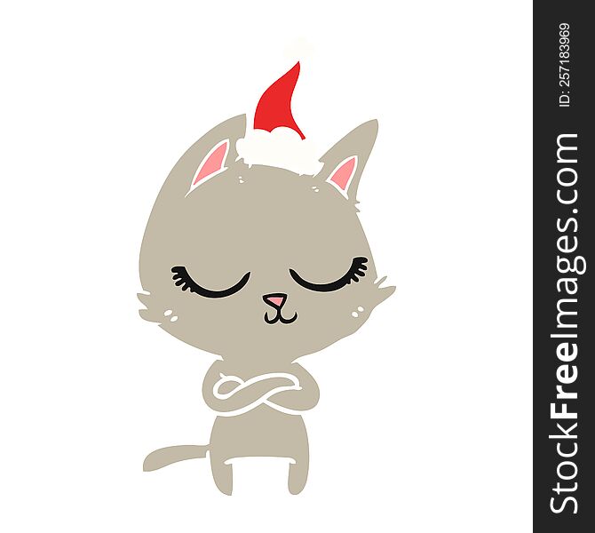 calm hand drawn flat color illustration of a cat wearing santa hat. calm hand drawn flat color illustration of a cat wearing santa hat