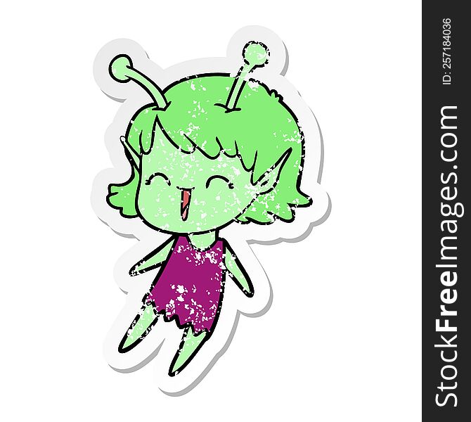 Distressed Sticker Of A Cartoon Alien Girl Laughing