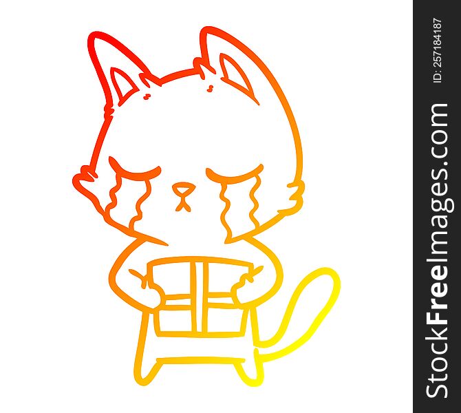 warm gradient line drawing of a crying cartoon cat holding christmas present