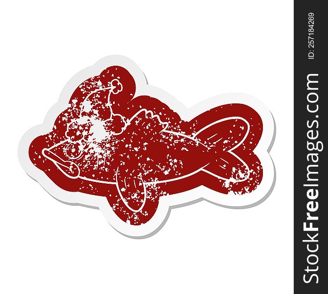 quirky cartoon distressed sticker of a fish wearing santa hat