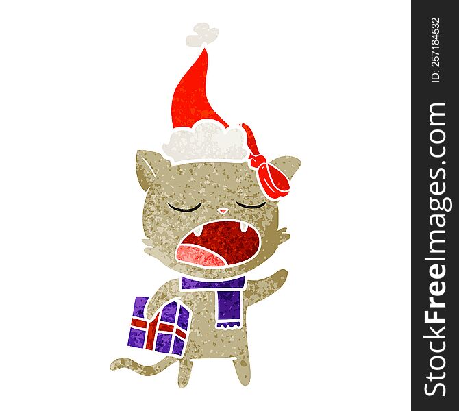 hand drawn retro cartoon of a cat with christmas present wearing santa hat