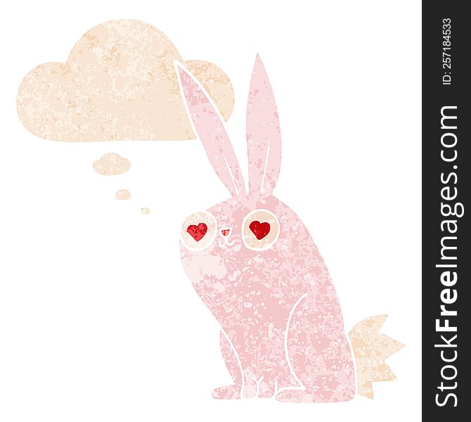 Cartoon Bunny Rabbit In Love And Thought Bubble In Retro Textured Style
