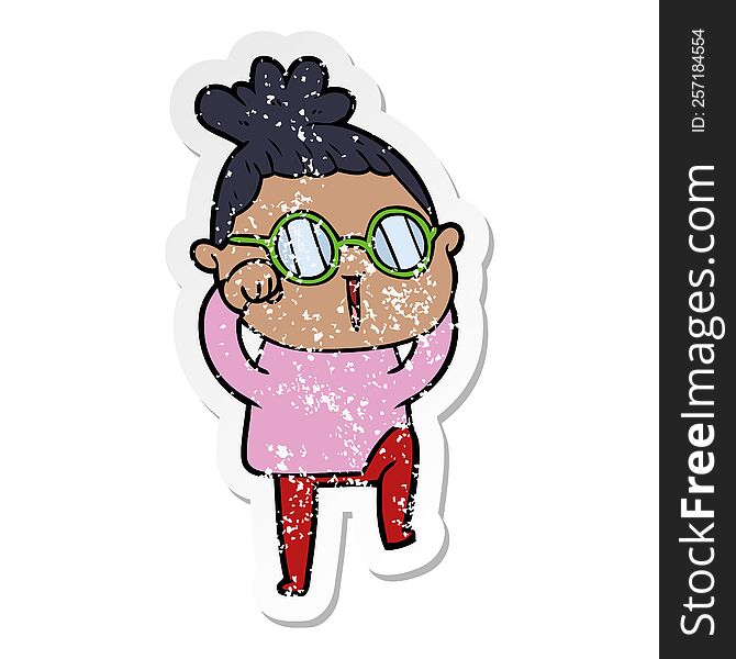 Distressed Sticker Of A Cartoon Woman Wearing Spectacles