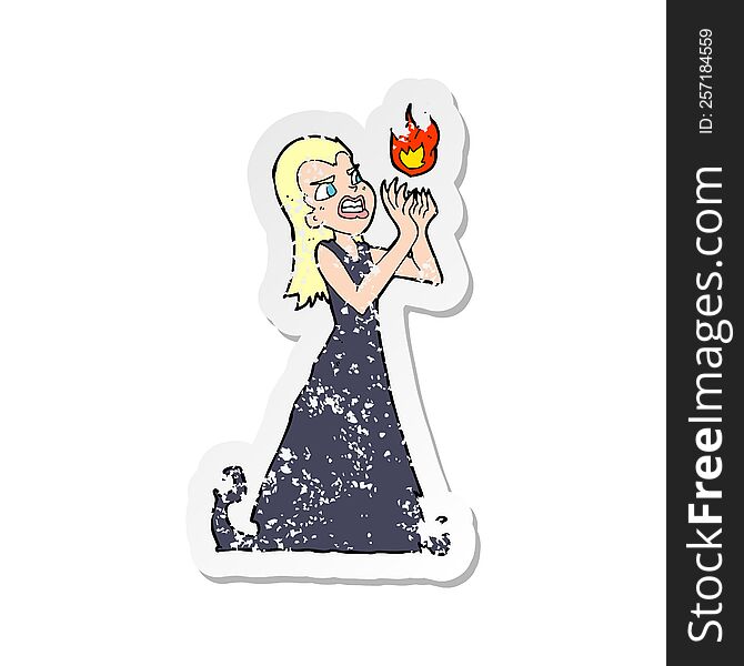 retro distressed sticker of a cartoon witch woman casting spell