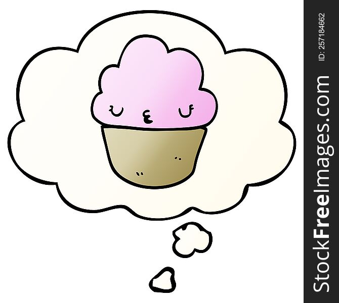 Cartoon Cupcake With Face And Thought Bubble In Smooth Gradient Style
