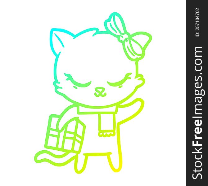 cold gradient line drawing of a cute cartoon cat with present