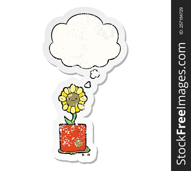 Cute Cartoon Flower And Thought Bubble As A Distressed Worn Sticker
