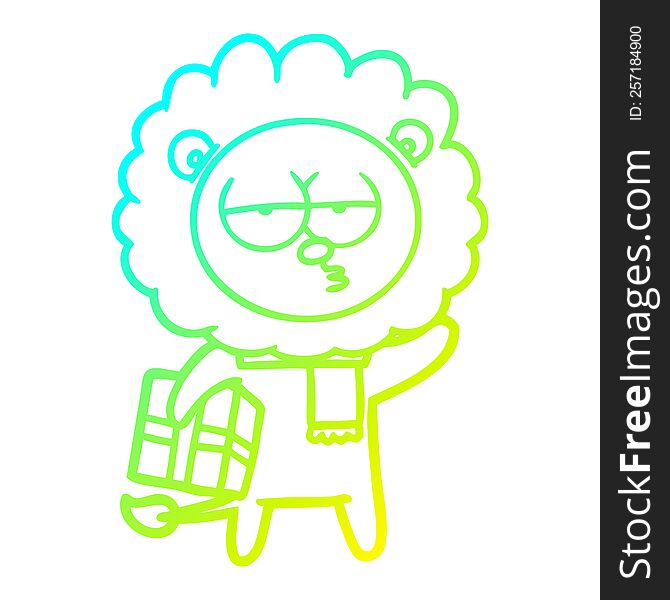 cold gradient line drawing of a cartoon tired lion with gift