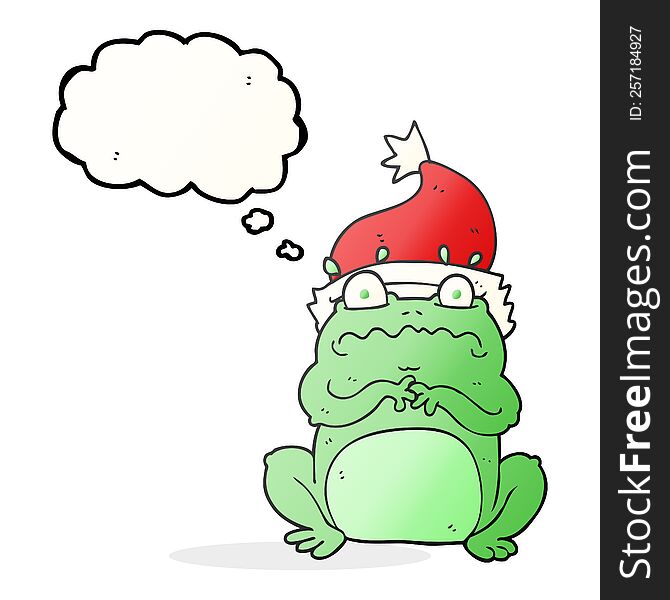 freehand drawn thought bubble cartoon frog in christmas hat