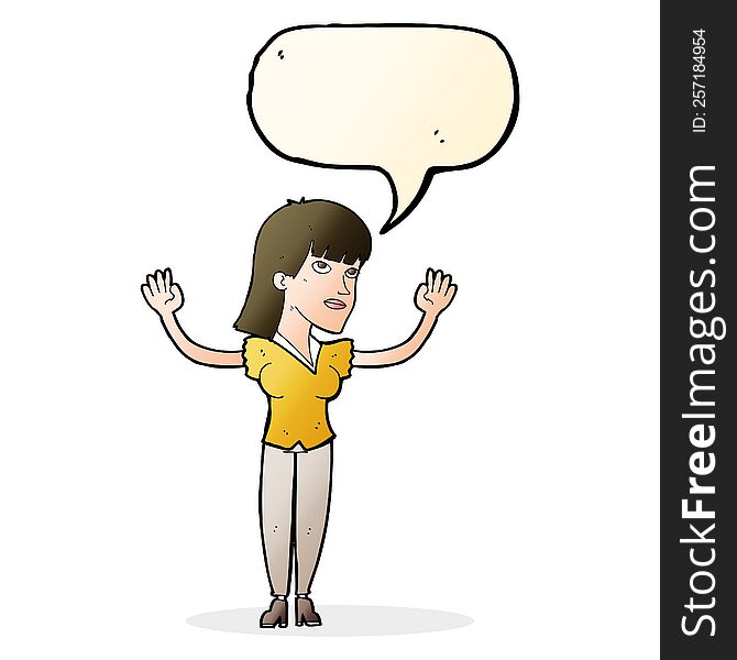 cartoon woman throwing hands in air with speech bubble