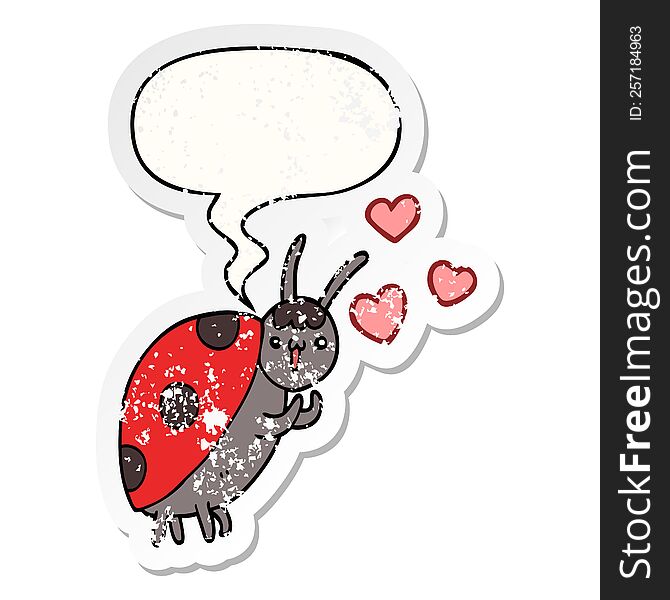 Cute Cartoon Ladybug In Love And Speech Bubble Distressed Sticker