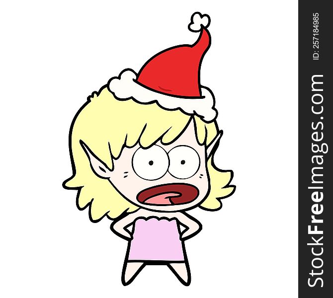 Line Drawing Of A Shocked Elf Girl Wearing Santa Hat