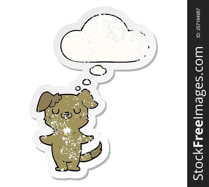 cartoon puppy with thought bubble as a distressed worn sticker