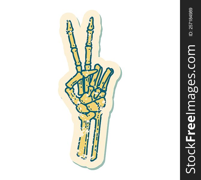 iconic distressed sticker tattoo style image of a skeleton giving a peace sign. iconic distressed sticker tattoo style image of a skeleton giving a peace sign