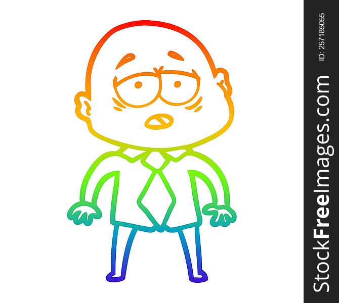 rainbow gradient line drawing of a cartoon tired bald man in shirt and tie