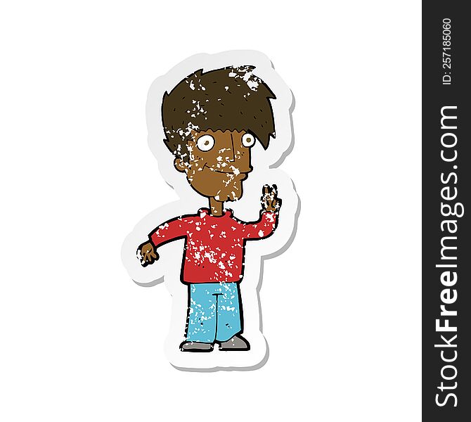 retro distressed sticker of a cartoon man giving peace sign