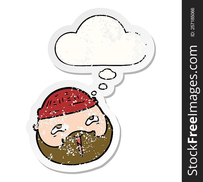 Cartoon Male Face With Beard And Thought Bubble As A Distressed Worn Sticker