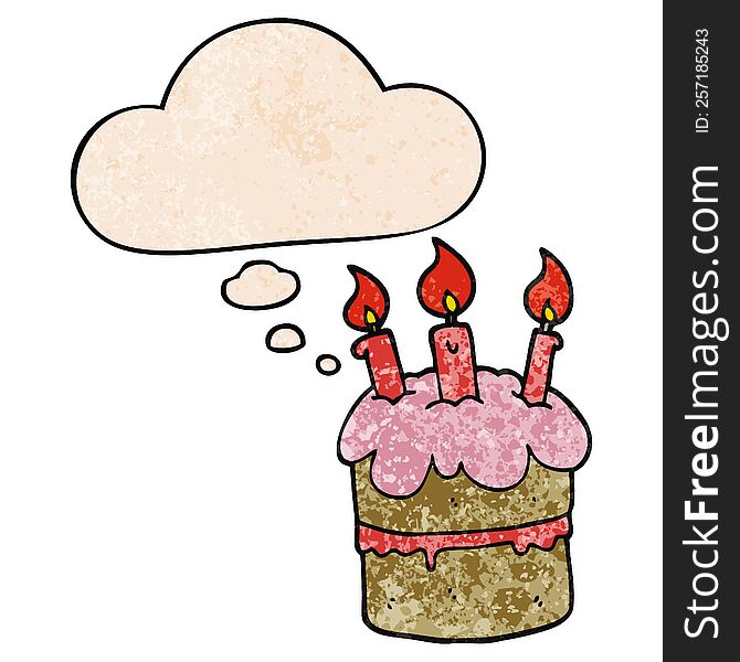 cartoon birthday cake and thought bubble in grunge texture pattern style