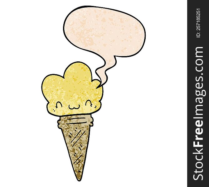 Cartoon Ice Cream And Face And Speech Bubble In Retro Texture Style