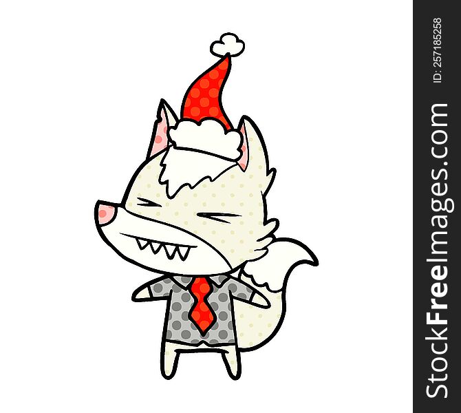 angry wolf boss hand drawn comic book style illustration of a wearing santa hat