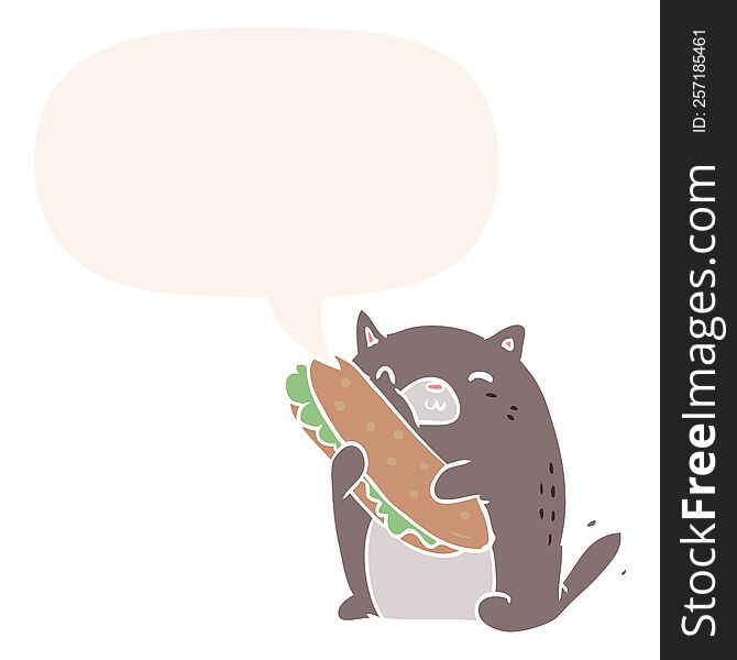 cartoon cat loving the amazing sandwich he\'s just made for lunch with speech bubble in retro style