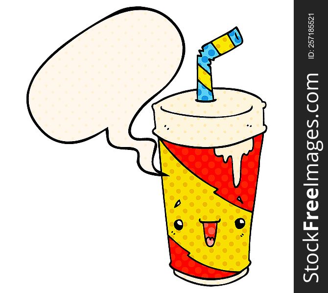 cartoon soda cup with speech bubble in comic book style