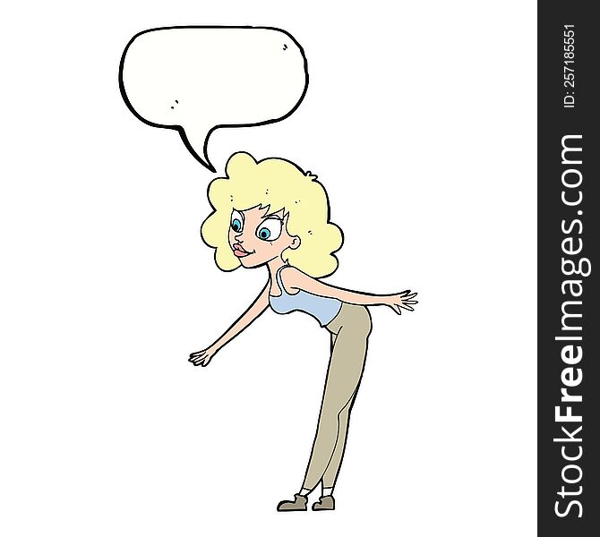 Cartoon Woman Reaching To Pick Something Up With Speech Bubble