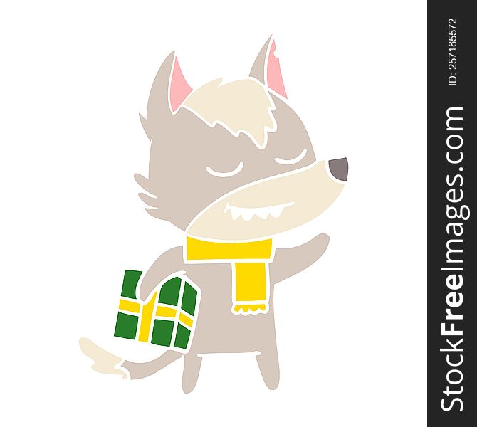 Friendly Flat Color Style Cartoon Wolf Carrying Christmas Present