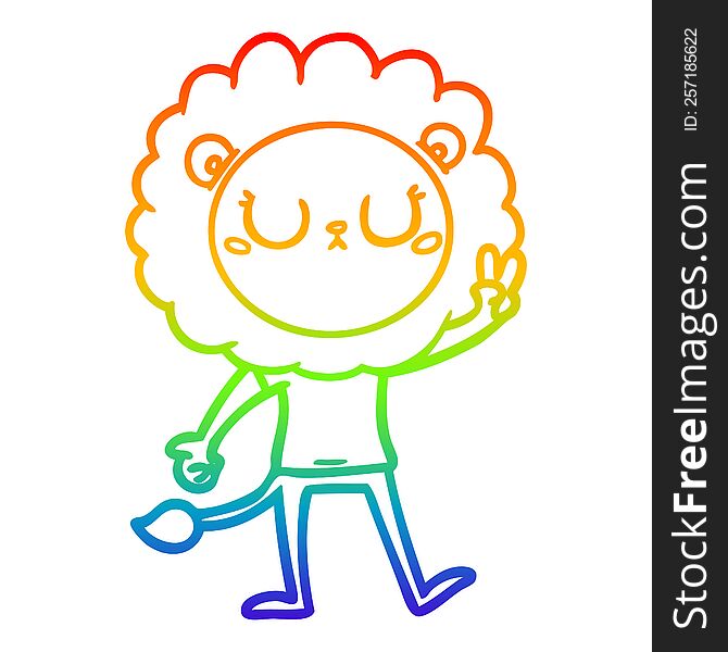 Rainbow Gradient Line Drawing Cartoon Lion Giving Peac Sign