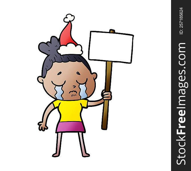 Gradient Cartoon Of A Crying Woman With Protest Sign Wearing Santa Hat