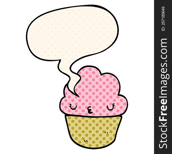 Cartoon Cupcake And Face And Speech Bubble In Comic Book Style