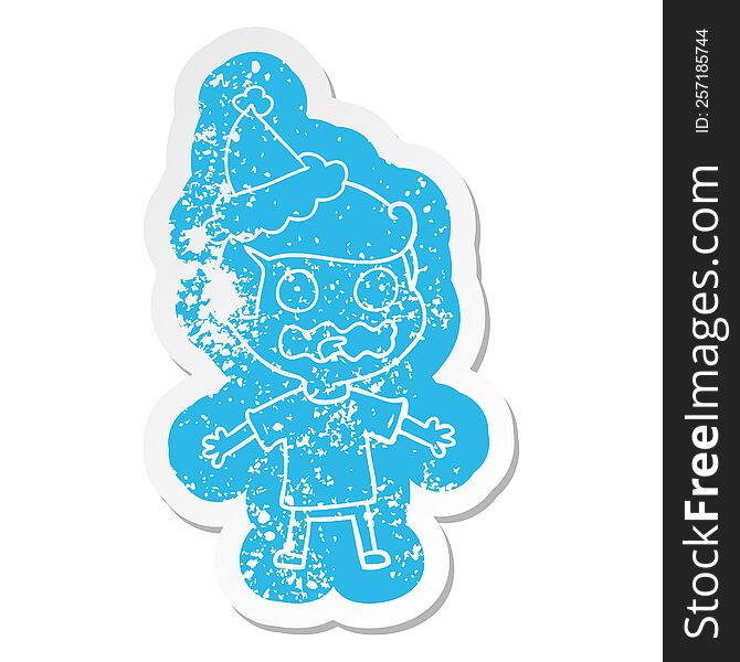 Cartoon Distressed Sticker Of A Man Totally Stressed Out Wearing Santa Hat