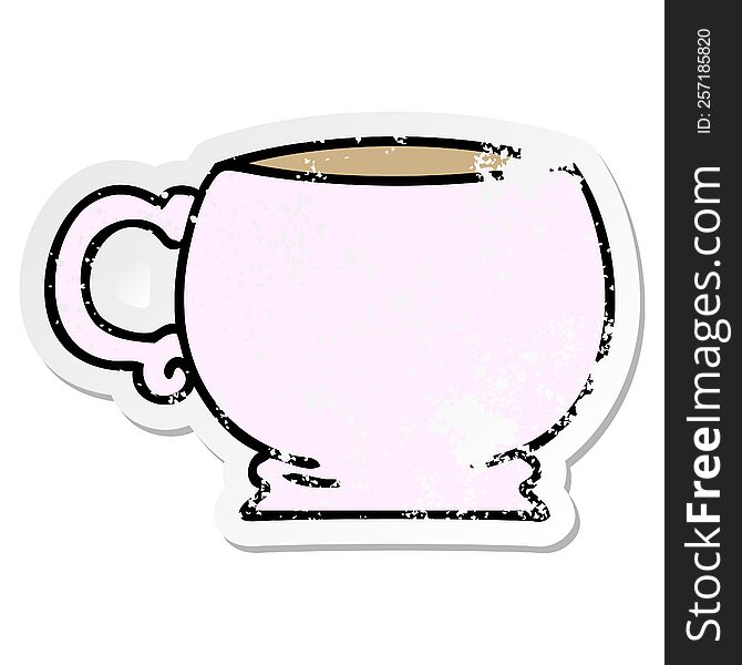 distressed sticker of a quirky hand drawn cartoon mug