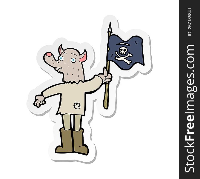 sticker of a cartoon wolf man waving pirate flag