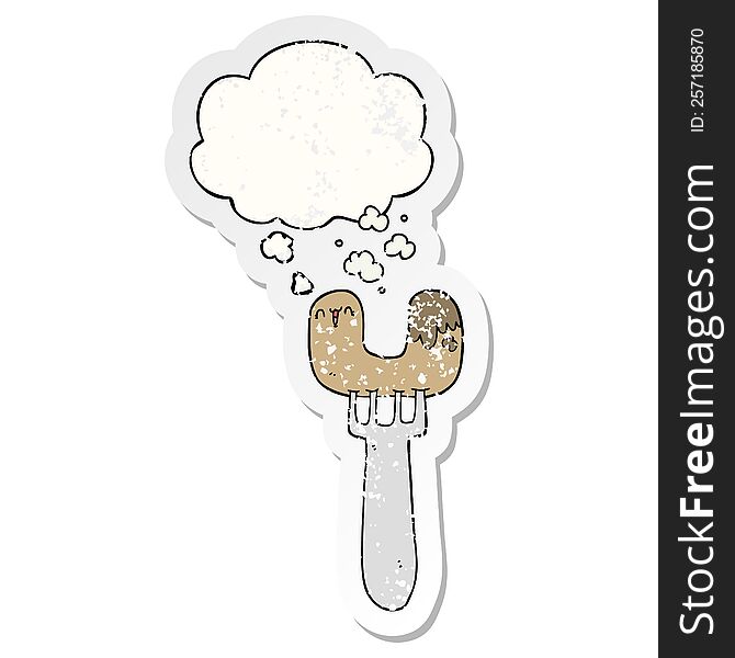 Cartoon Sausage On Fork And Thought Bubble As A Distressed Worn Sticker
