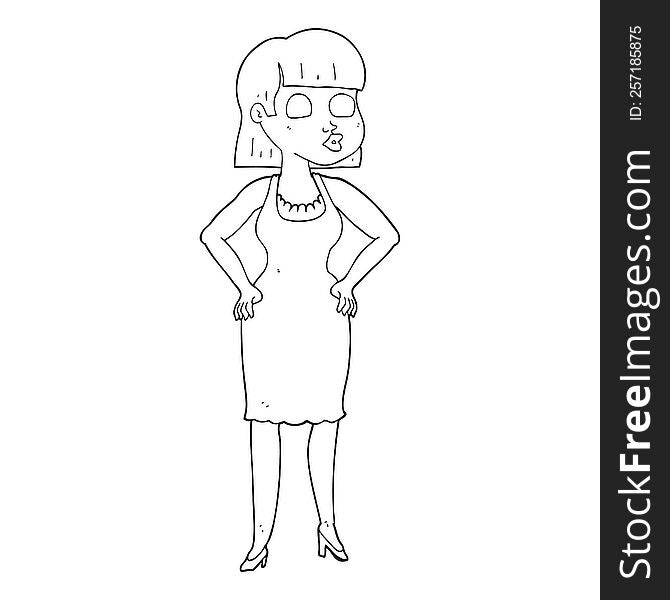 Black And White Cartoon Woman In Dress With Hands On Hips