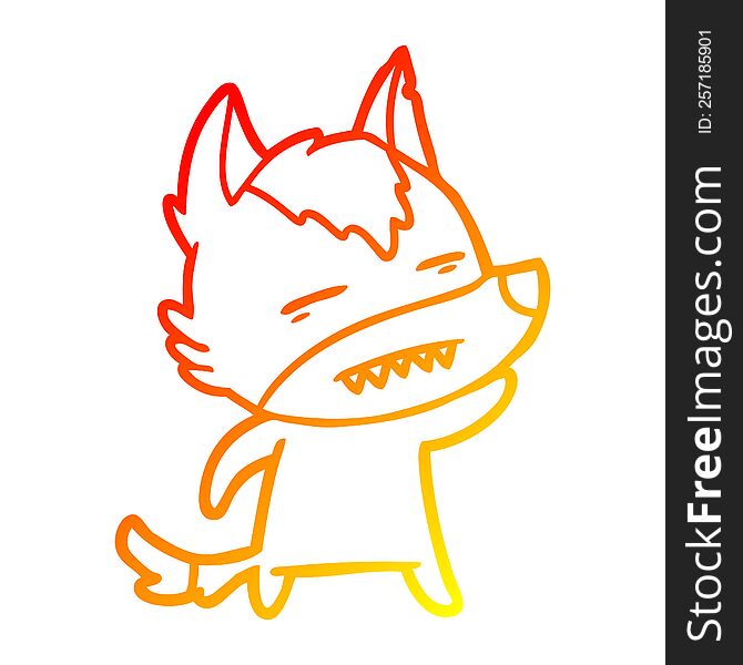 Warm Gradient Line Drawing Cartoon Wolf Waving Showing Teeth