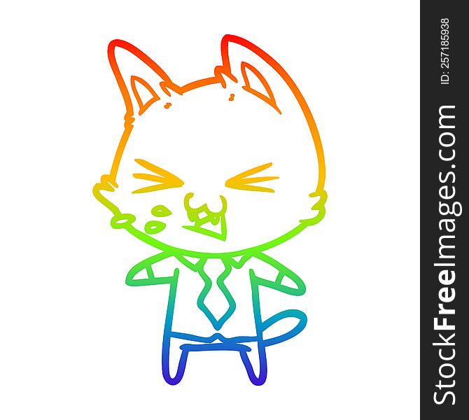Rainbow Gradient Line Drawing Cartoon Cat Wearing Shirt Hissing