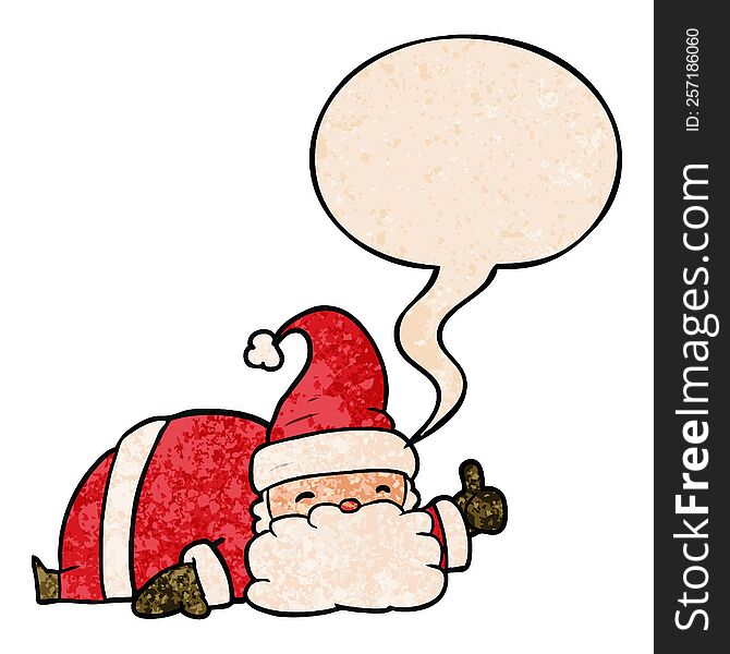 cartoon sleepy santa giving thumbs up symbol with speech bubble in retro texture style