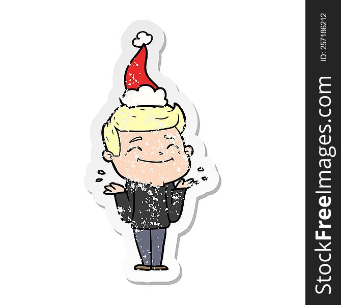 Happy Distressed Sticker Cartoon Of A Man Shrugging Wearing Santa Hat