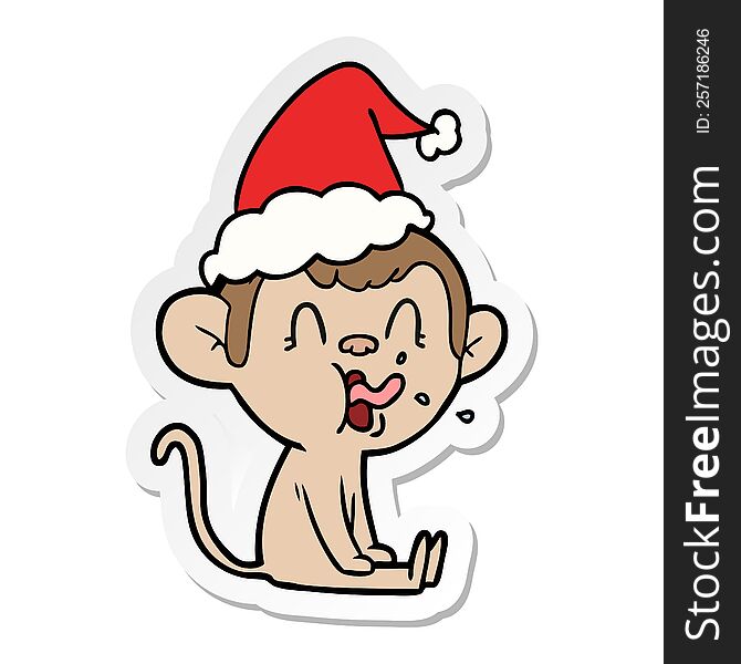 crazy hand drawn sticker cartoon of a monkey sitting wearing santa hat. crazy hand drawn sticker cartoon of a monkey sitting wearing santa hat