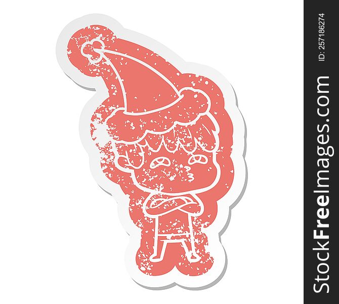 quirky cartoon distressed sticker of a curious man wearing santa hat