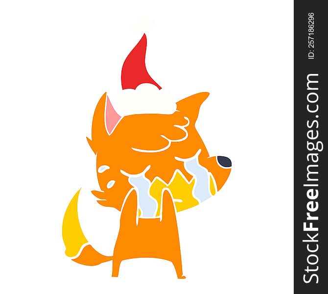 Crying Fox Flat Color Illustration Of A Wearing Santa Hat