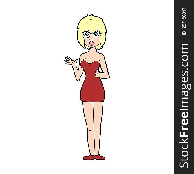 cartoon confused woman in cocktail dress