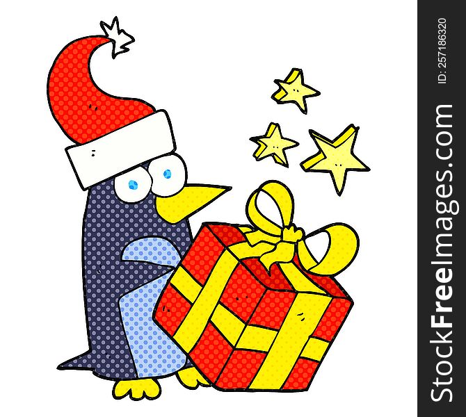 freehand drawn comic book style cartoon christmas penguin with present